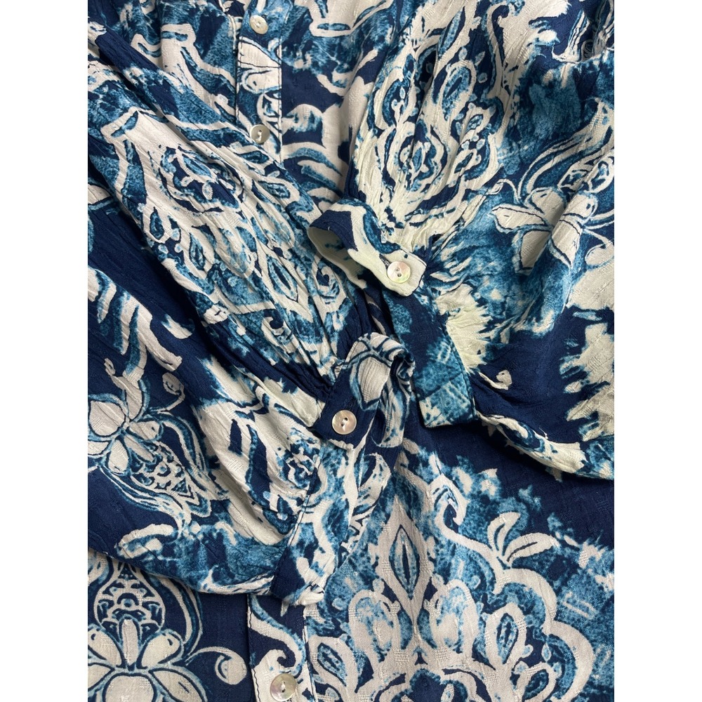 Haute Hippie Blouse Blue White Damask Paisley Button Front Boho Top S - Picture 4 of 11